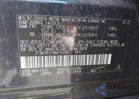 2022 Toyota Rav4 Xle из США, поврежденный, VIN 2T3W1RFV1NW214786